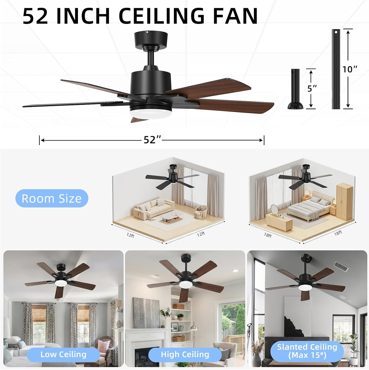 52 Inch Ceiling Fans with Lights, Large Ceiling fan with Light and Remote/APP Control, Quick Installation, 3CCT, Dimmable, Noiseless Reversible Motor, 5 Blades Black Ceiling Fan for Outdoor Indoor